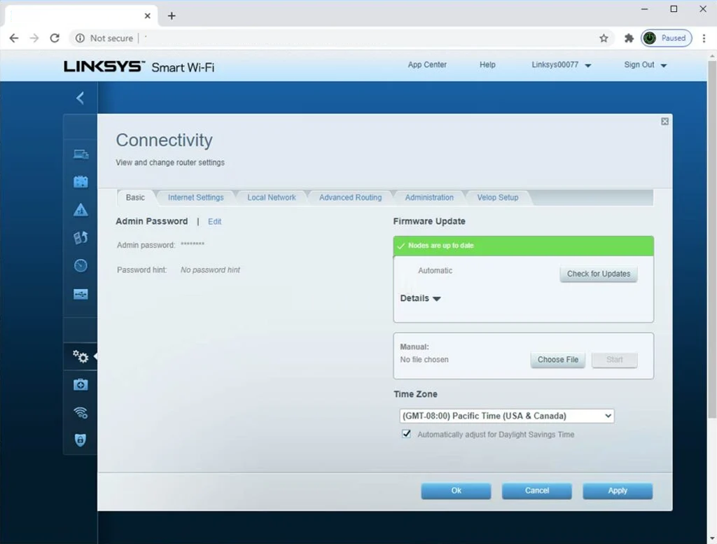 Linksys router default password through the Web GUI